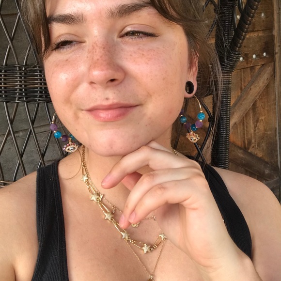 Amethyst Apatite Evil Eye Gold Plated Hoop Earring - Picture 2 of 8